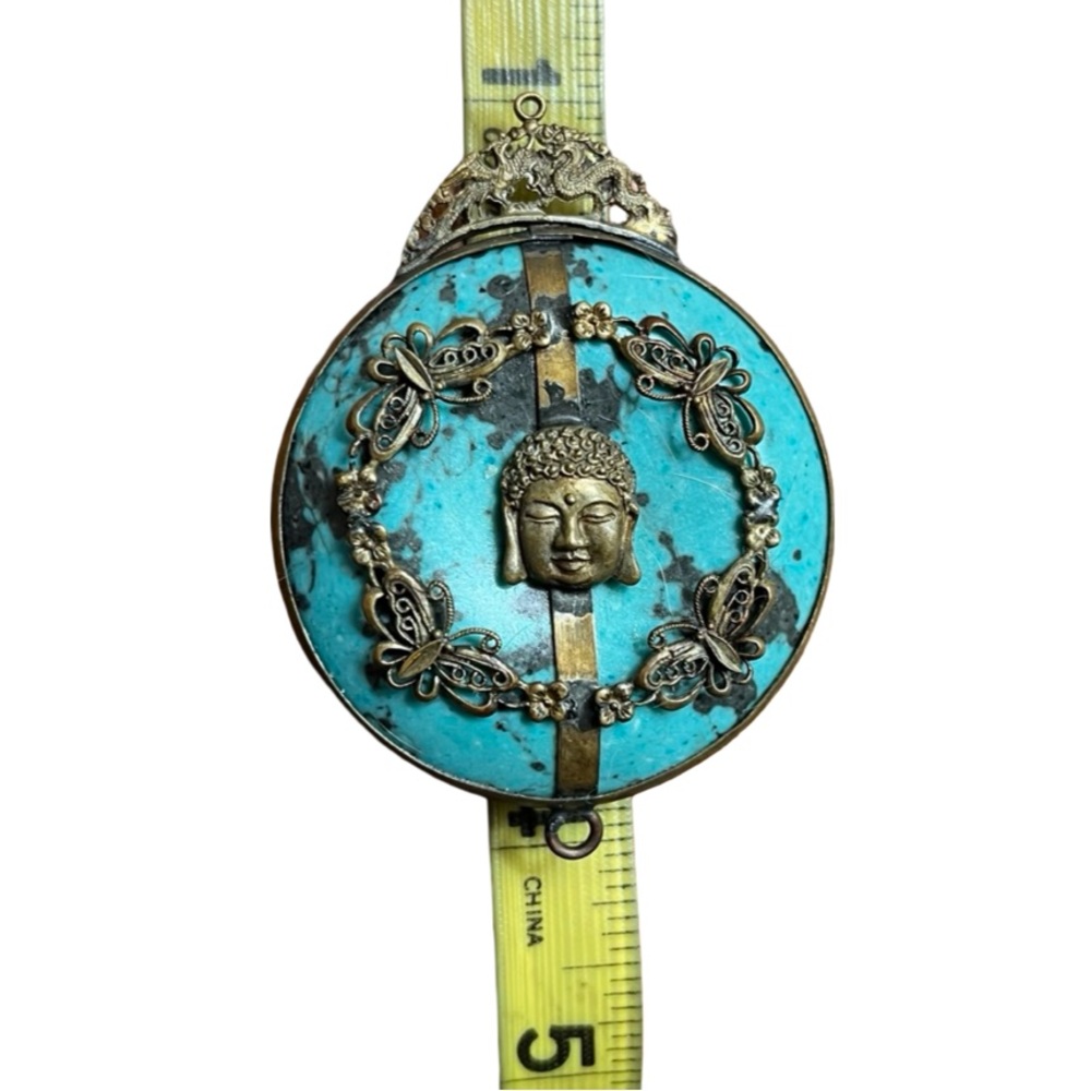 Rare Turquoise Pendant with Buddha and Butterfly Accents - Picture 5 of 6